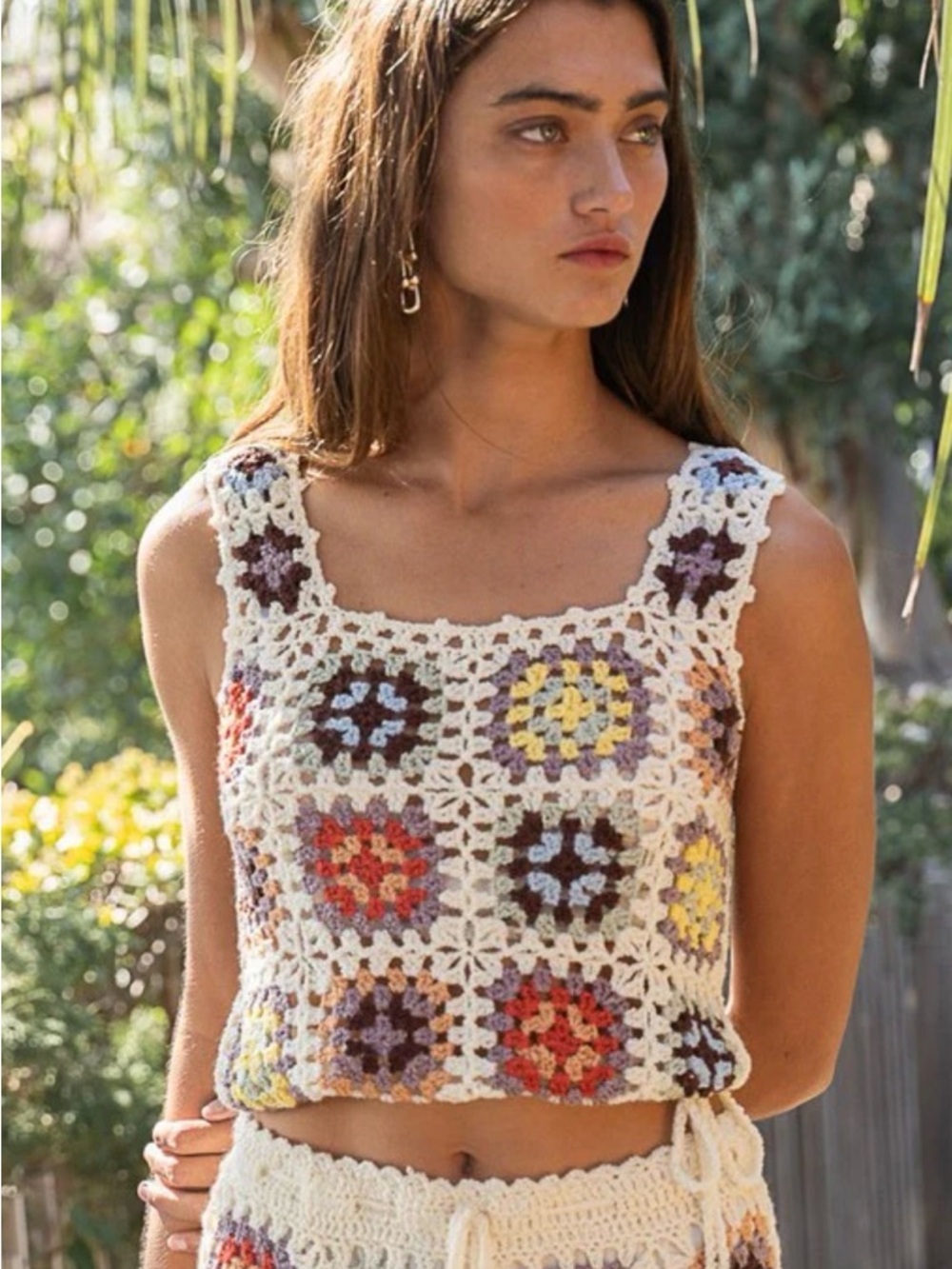NWT - POL Crochet Granny Square Crop Top - Multicolor on Cream Size Small